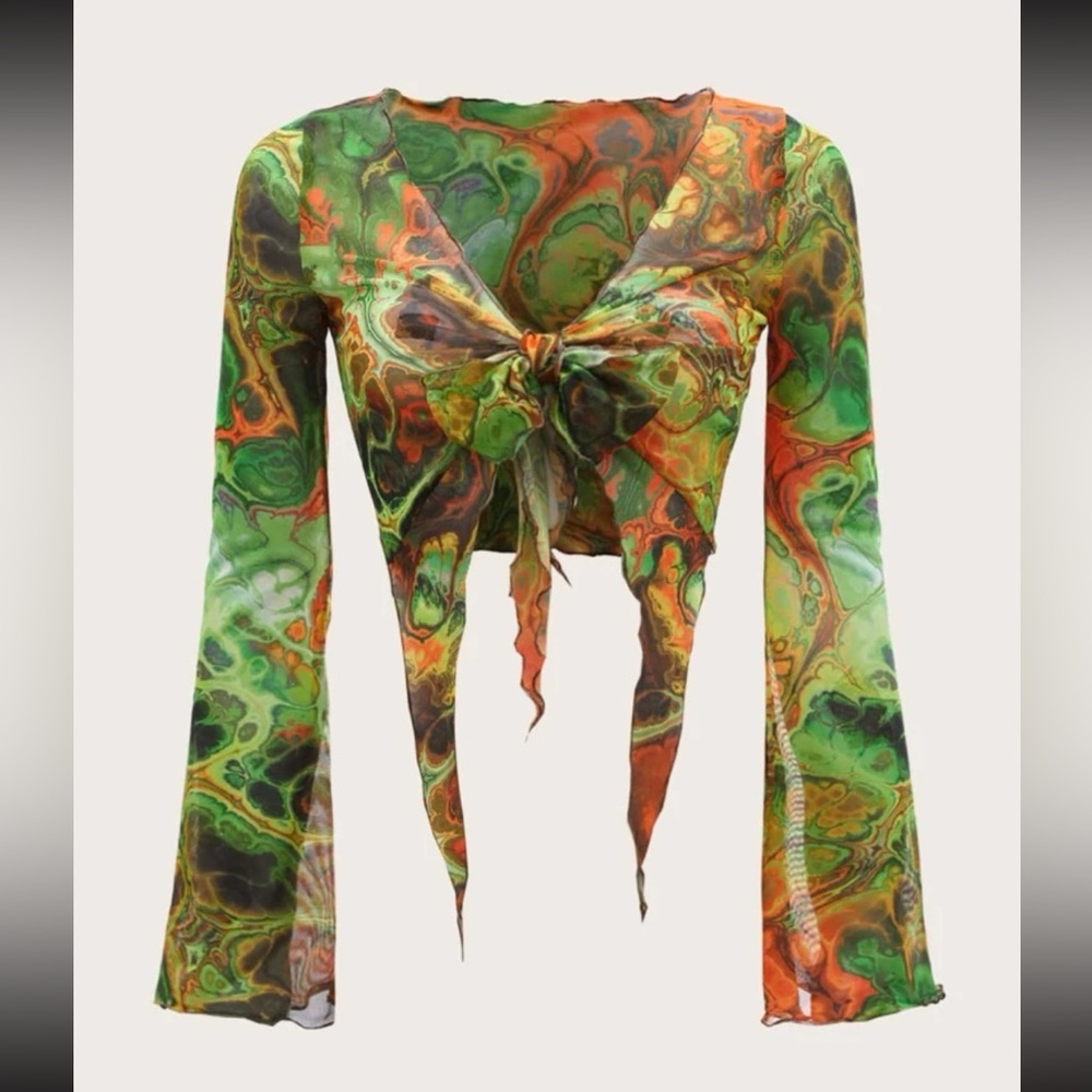 SHEIN split sleeve tie front asymmetrical hem graphic print mesh top